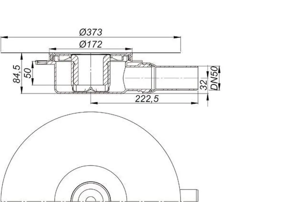Dallmer Ablaufgehäuse mit einem Durchmesser von 373 mm und einer Höhe von 84,5 mm. Zentrierter Auslassanschluss DN 50 auf der Seite.