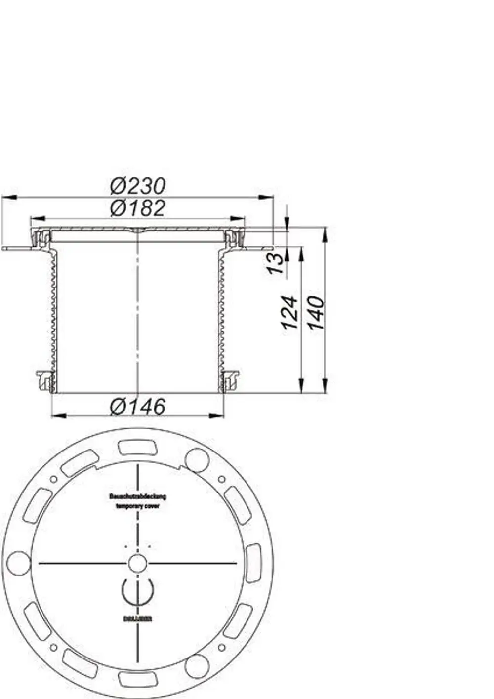 Dallmer Aufstockelement mit schematischer Darstellung, einschließlich Maße und Durchmesser, auf einem technischen Diagramm. Graue und schwarze Farben, technische Notationen.
