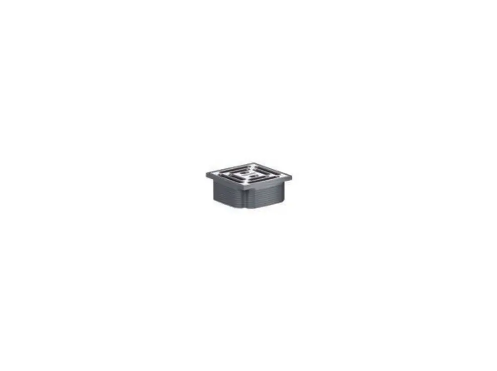 Dallmer Produkt aus Metall mit quadratischer Abdeckung und Rillenstruktur, auf einem neutralen Hintergrund platziert. مناسب für Abflussanwendungen.
