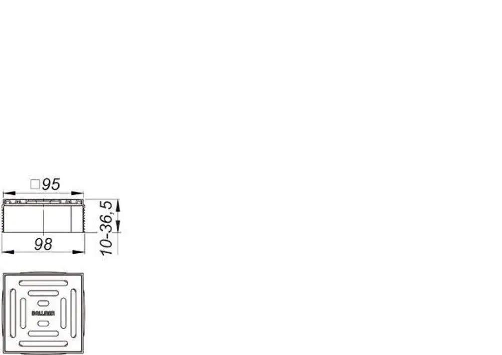 Dallmer Abdeckung mit quadratischer Form, sichtbar sind Öffnungen und eine geriffelte Oberfläche, geeignet für ein Abflusssystem. Maße nicht eindeutig erkennbar.