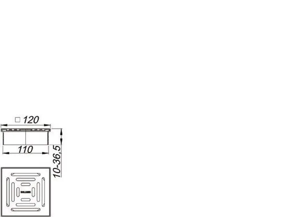 Dallmer Abflussaufsatz mit quadratischem Design, ausgestattet mit Rillen zur Wasserableitung, abgebildet mit Seitenansichten und Maßangaben.