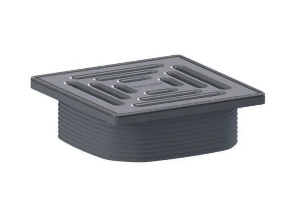 Dallmer Produkt mit quadratischer Abdeckung und Rillenmuster, geeignet für Ablauf- oder Entwässerungssysteme.