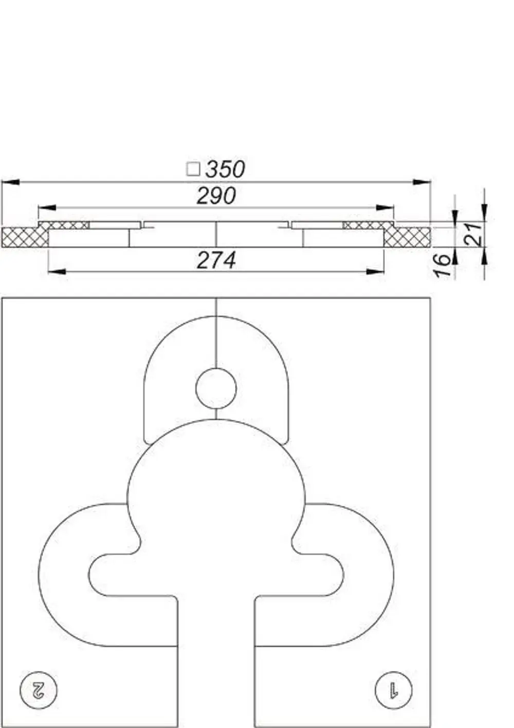 Technische Zeichnung einer Montagehilfe von Dallmer mit verschiedenen Abmessungen und Formelementen, die zur Installation eines Installationssystems verwendet wird.