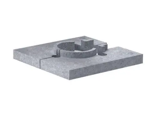 Montagehilfe aus grauem Material mit kreisförmiger Aussparung und einer Erhöhung. Eignet sich für die Installation von Dallmer Entwässerungssystemen.
