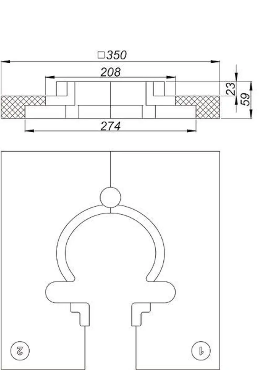 Technische Zeichnung einer Montagehilfe von Dallmer mit Maßen und Schnittansicht, zeigt Details zur Installation und Konstruktion.