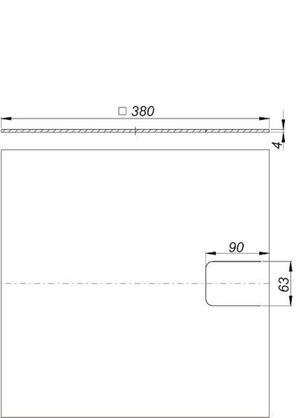 Flaches Rechteck mit einer Breite von 380 mm und einer Höhe von 63 mm, inkl. einer Ausnehmung mit 90 mm Breite. Dallmer Schallschutzmatte zur Schalldämpfung.