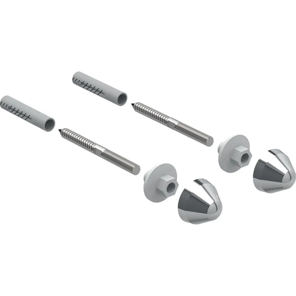 Verchromtes Befestigungsset für Urinale von Geberit, bestehend aus Schrauben, Dübel und Abdeckungen. Ideal für die Installation von Urinalen in sanitären Einrichtungen.
