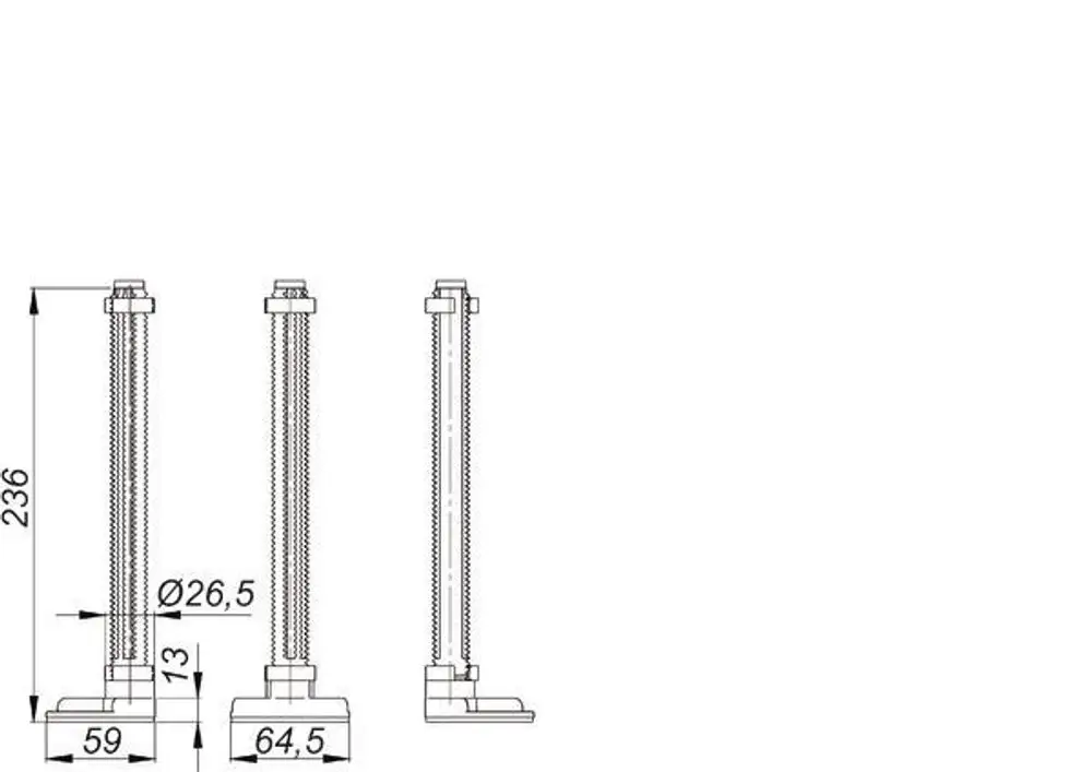 Dallmer Montagefüße, die aus einem vertikalen Element mit genoppter Oberfläche bestehen, montiert auf einer quadratischen Basis. Maße und Details sind im technischen Zeichnungsformat dargestellt.