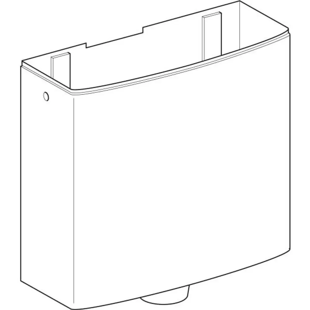 Geberit AP-Spülkasten in schlichten, geraden Formen, ohne sichtbare Details, mit Aussparung an der Oberseite und einem Auslass an der Unterseite.