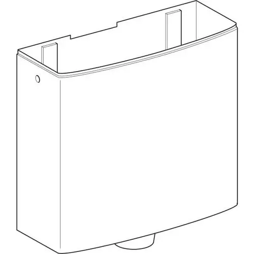 Geberit AP-Spülkasten in schlichten, geraden Formen, ohne sichtbare Details, mit Aussparung an der Oberseite und einem Auslass an der Unterseite.