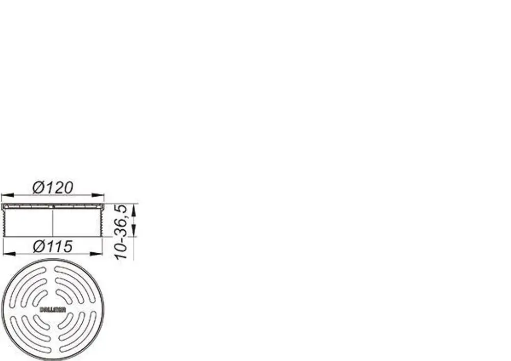 Dallmer Abdeckung für Bodenablauf mit runder Form und mehreren Löchern zur Wasserabführung, mit Maßangaben, die die Durchmesser von 115 mm und 120 mm zeigen.