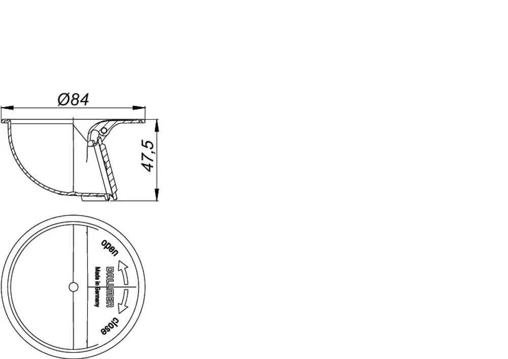 Mechanischer Geruchsverschluss von Dallmer, dargestellt in Seitenansicht mit Durchmesser und Abstand. Oben ein Ausschnitt, unten die Öffnung des Geräts.