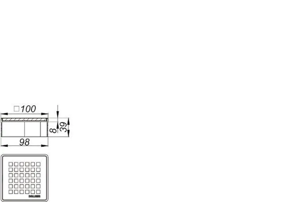 Dallmer Produkt mit quadratischem Design, mit Rastern, für den Einbau in Badezimmer oder ähnliche Anwendungen. Maße und Details sind im technischen Diagramm angegeben.