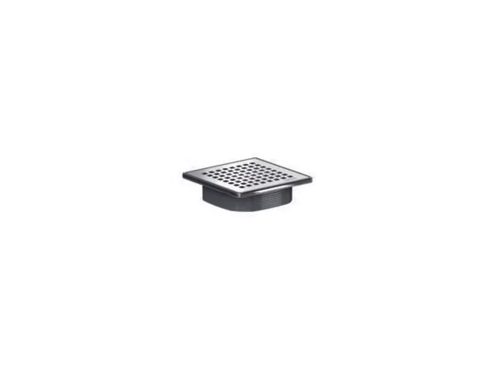 Dallmer Abflussrost in quadratischer Form mit abgedecktem Drainagesystem, ausgestattet mit perforierter Oberfläche und senkrechtem Anschluss.