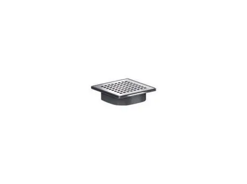 Dallmer Abflussrost in quadratischer Form mit abgedecktem Drainagesystem, ausgestattet mit perforierter Oberfläche und senkrechtem Anschluss.