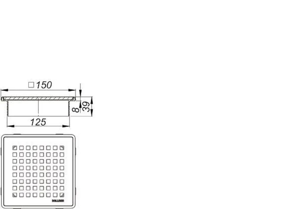 Dallmer Abdeckung für Ablauf mit quadratischem Design, ausgestattet mit einem Rastermuster. Sichtbare Maße und Details auf der Grafik dargestellt.