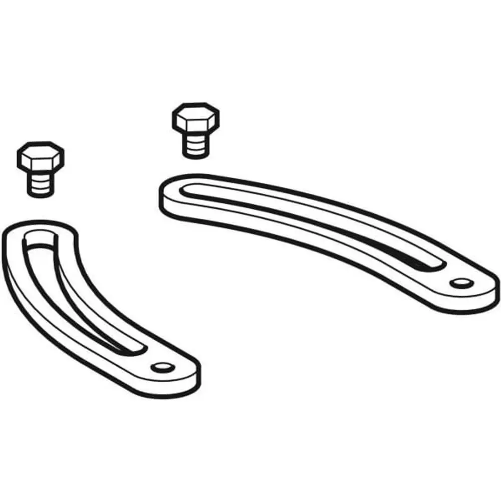 Befestigungsset von Geberit bestehend aus zwei gebogenen Metallteilen und zwei Sechskantschrauben zur Montage von Urinalen.