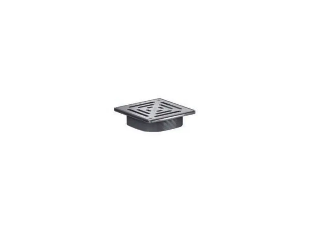 Dallmer Ablaufgitter in quadratischer Form mit geprägtem Muster zur Wasserableitung. Das Produkt ist in einem schlichten, funktionalen Design gehalten.