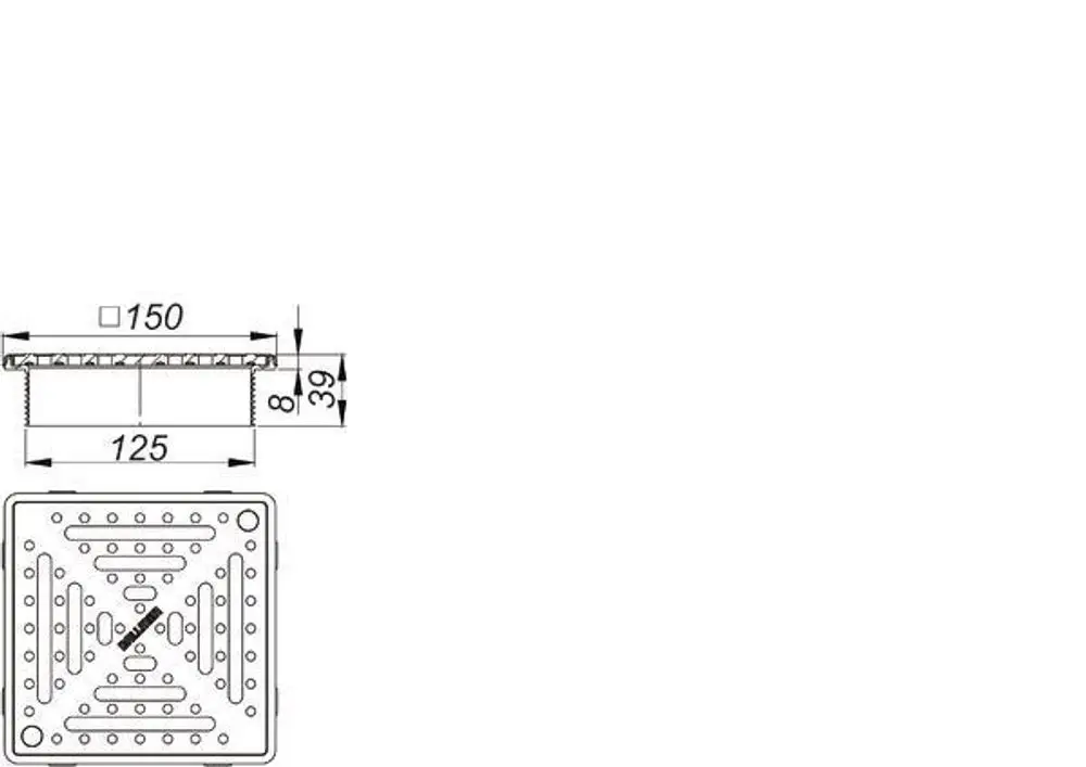 Dallmer Ablaufaufsatz mit quadratischer Öffnung, perforierter Oberfläche zur Wasserableitung, und einer erhöhten Kante. Geometrisches Design, passend für Entwässerungssysteme.