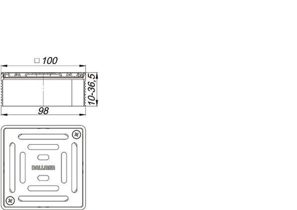 Bodenablauf mit quadratischer Abdeckung, Dallmer-Logo und Verschraubung. Abmessungen und Details sind skizziert. Oberfläche mit Drainage-Rillen.