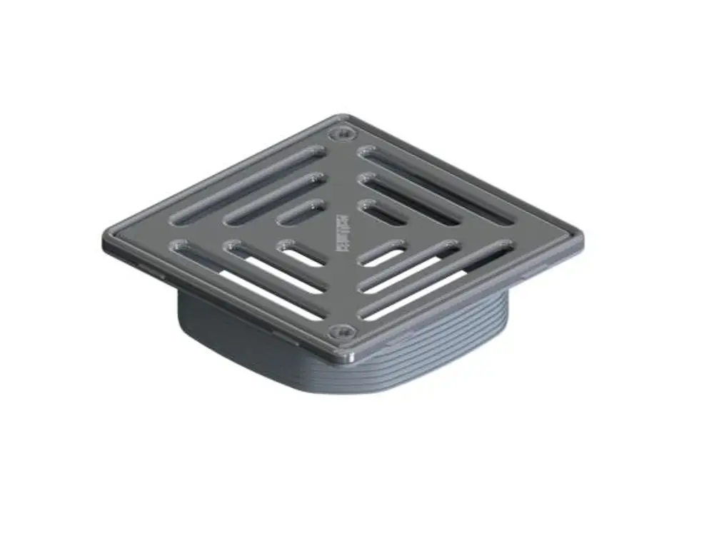 Dallmer Ablaufrost mit senkrechten und waagerechten Schlitzen, quadratisch, aus Metall, zur Verwendung in Bodenabläufen.