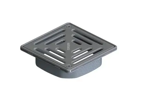 Dallmer Ablaufrost mit senkrechten und waagerechten Schlitzen, quadratisch, aus Metall, zur Verwendung in Bodenabläufen.