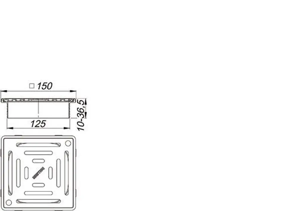 Dallmer Abflussrost mit quadratischer Form, mit Aussparungen und verschraubtem Design, geeignet für Entwässerungssysteme. Maße und Details sind auf der Zeichnung erkennbar.