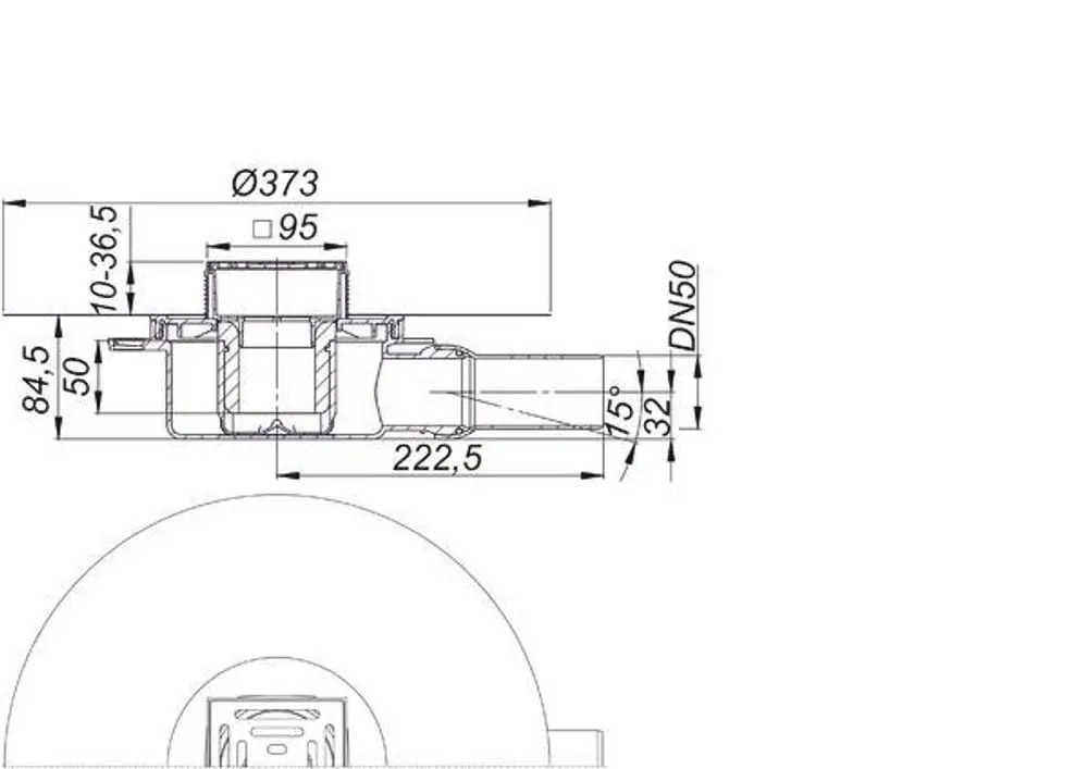 Dallmer Bodenablauf mit quadratischem Gehäuse und integrierter Rohrleitung. Sichtbarer Querschnitt und Maße sind im technischen Diagramm dargestellt.