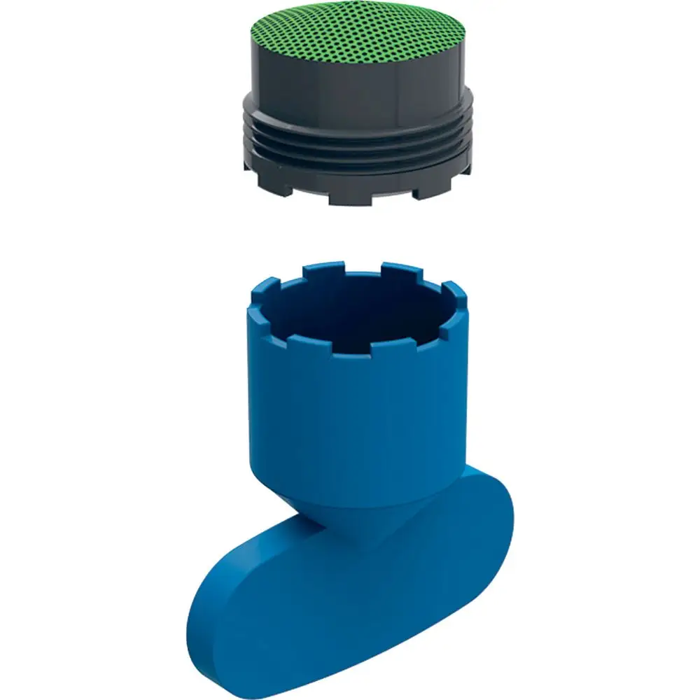 Blaues Kunststoffteil mit schwenkbarem Auslass und grünem, perforiertem Kopf. Produkt von Geberit, geeignet für Wasserarmaturen.