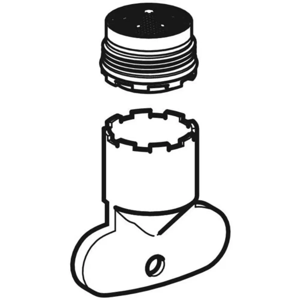 Strahlregler mit einem unteren Gewinde und einem schwenkbaren Auslass, ausgelegt für Geberit-Waschtischarmaturen. Oben befindet sich eine perforierte Abdeckung.