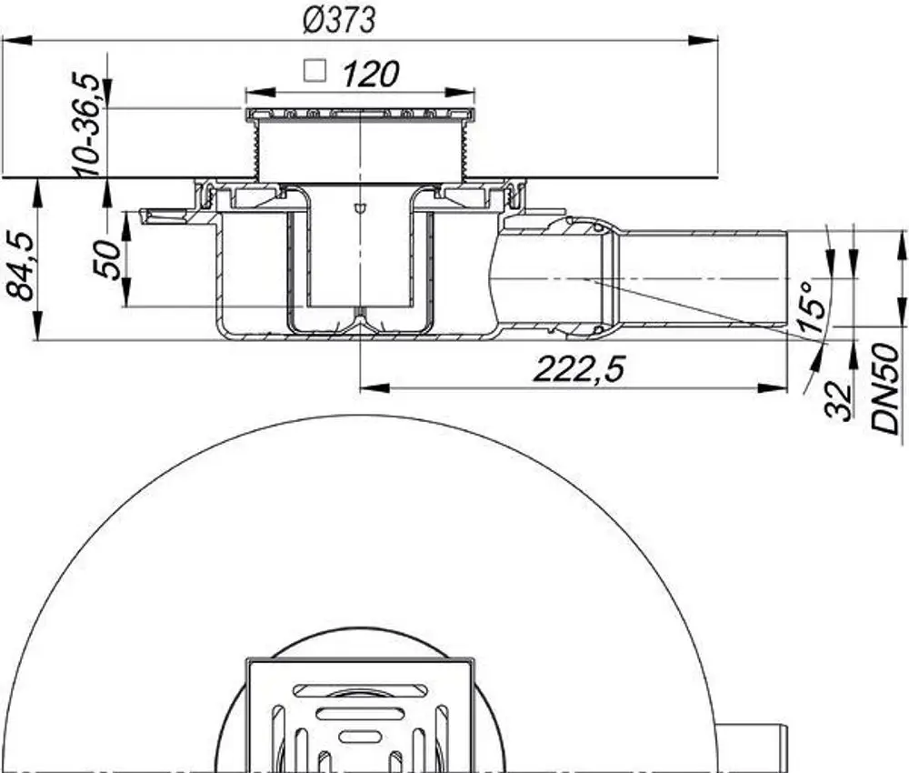 Schematische Zeichnung eines Dallmer Bodenablaufs mit seitlicher und oberer Ansicht. Details zur Verbindung und Maßangaben für Installation sind abgebildet.