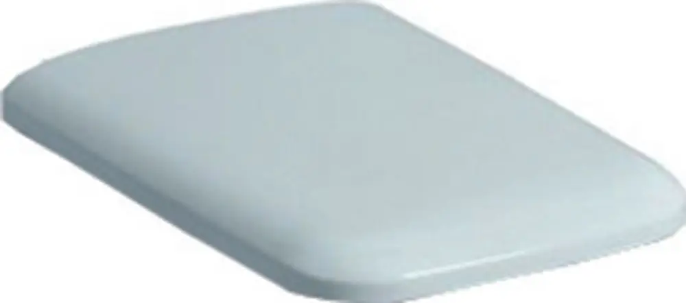 Geberit WC-Sitz in rechteckiger Form, flache Oberfläche mit abgerundeten Ecken, in hellem Farbton, mit Metall-Scharniere für die Befestigung von oben.