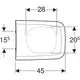 Geberit WC-Sitz mit ovaler Sitzfläche, abgerundeten Ecken und oben montierbaren Metallscharnieren, dargestellt in einer schematischen Zeichnung mit Maßangaben.