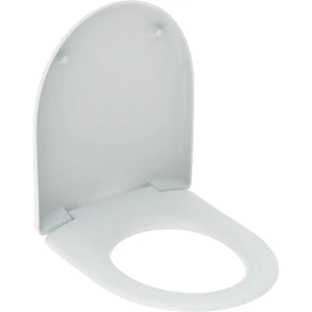 Weißer WC-Sitz mit runder Form und WrapOver-Design, montierbar mit ES-Scharnier. Geberit-Qualität in einfacher, funktionaler Ausführung.