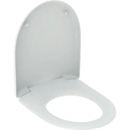 Weißer WC-Sitz mit runder Form und WrapOver-Design, montierbar mit ES-Scharnier. Geberit-Qualität in einfacher, funktionaler Ausführung.