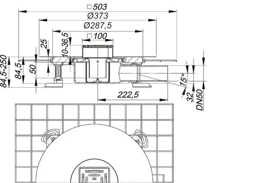Dallmer Bodenablauf mit quadratischem Design und seitlichem Anschluss, sichtbar mit Massenskizze und technischen Details. Einsatz in feuchten Räumen.