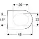 Runder WC-Sitz von Geberit mit WrapOver-Design, abgerundeten Kanten und montierten Scharnieren, abgebildet in oberer Ansicht mit Maßangaben.
