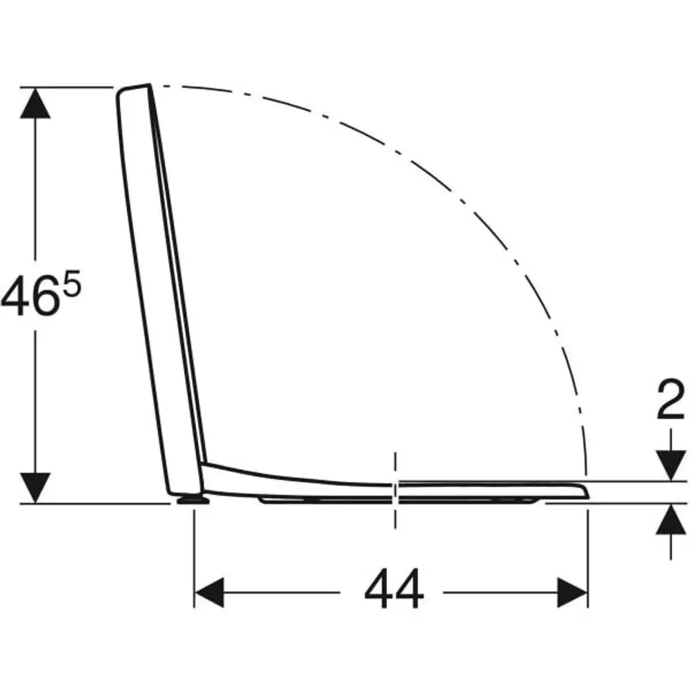 Geberit WC-Sitz in Weiß mit runder Form und WrapOver-Design, im seitlichen Schnitt dargestellt, zeigt die Maße 46,5 cm Höhe, 44 cm Breite und 2 cm Tiefe.