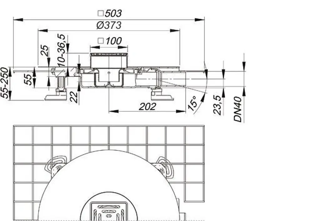 Dallmer Bodenablauf mit quadratischer Form, seitlichem Anschluss und verschiedenen Abmessungen. Technische Zeichnung zeigt die Konstruktion und Dimensionen des Ablaufs.