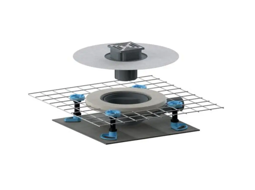 Dallmer Schallschutzablauf, bestehend aus einem runden Ablauf mit einem äußeren Ring und einem Gitter aus Metall zur Stabilisierung, in einer schematischen Bauweise.
