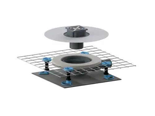 Dallmer Schallschutzablauf, bestehend aus einem runden Ablauf mit einem äußeren Ring und einem Gitter aus Metall zur Stabilisierung, in einer schematischen Bauweise.
