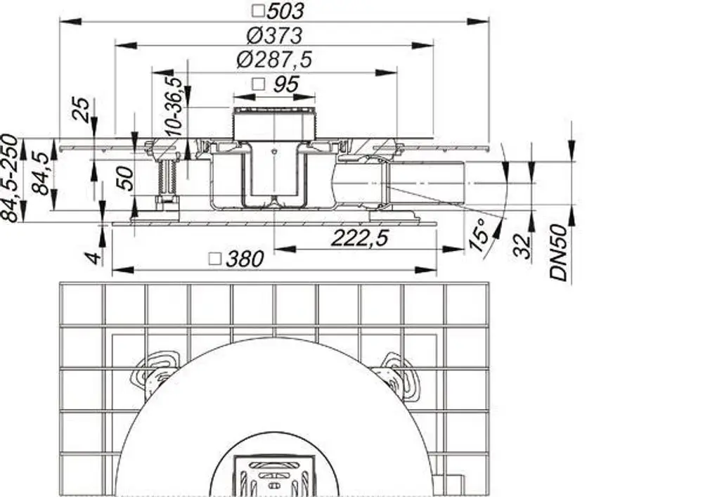 Dallmer Ablaufsystem mit quadratischem Gehäuse. Sichtbar sind verschiedene Anschlussmaße und Details zur Montage. Das Design ist funktional und strukturiert.