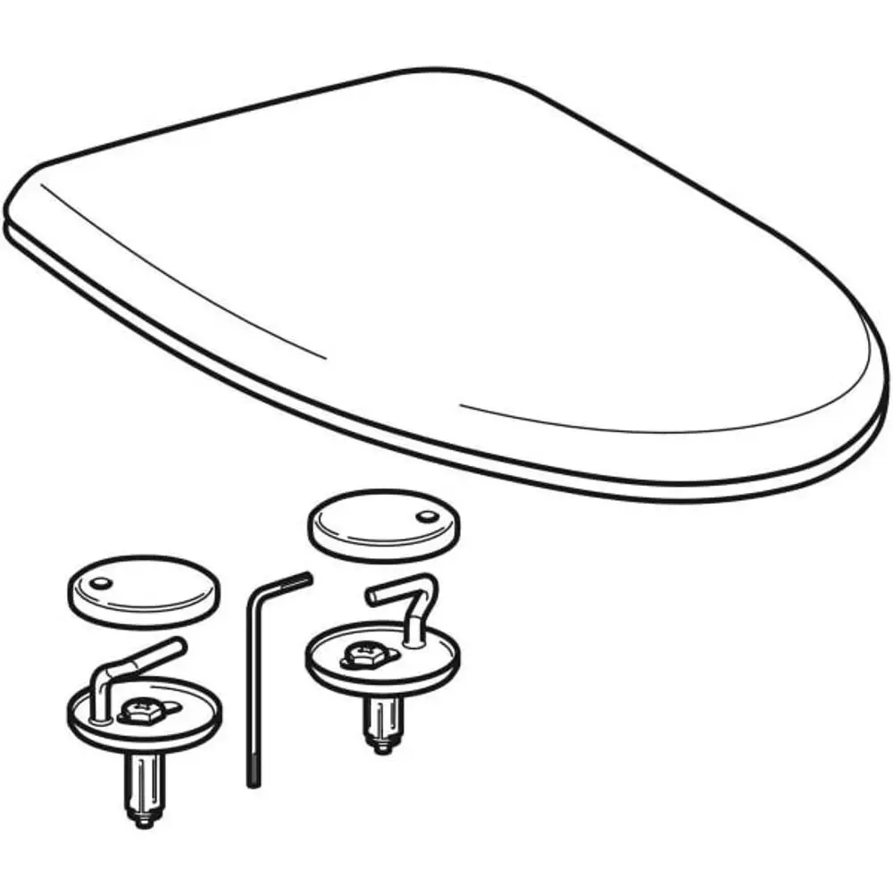 Weißer WC-Sitz mit ovaler Form, verchromten Scharnieren und Montagezubehör, geeignet für Geberit-Produkte.