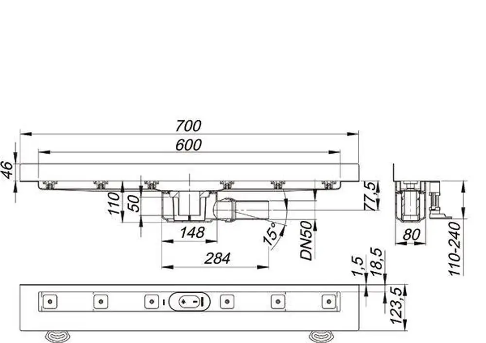 Dallmer Duschrinne mit flachem Design und seitlichem Ablauf, dargestellt in einer technischen Zeichnung mit Abmessungen und Anschlussdetails.