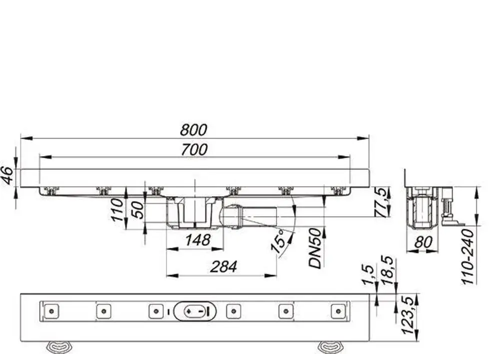 Dallmer Duschrinne mit flacher Bauform und verschiedenen Anschlussmöglichkeiten. Maße und technische Details sind im Diagramm enthalten.