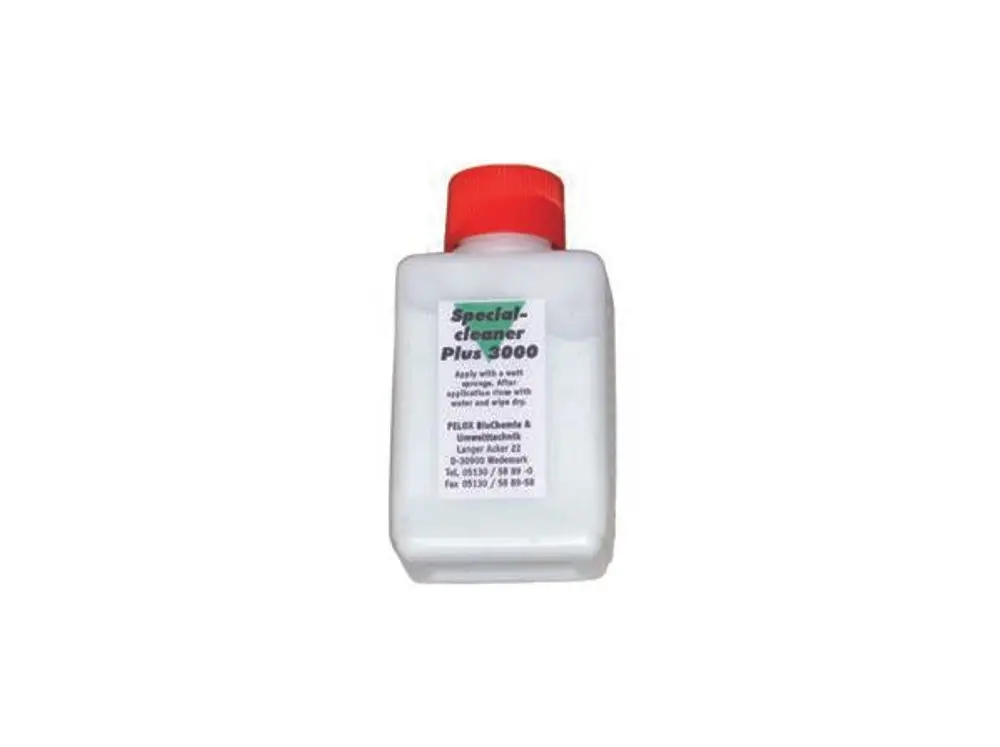 Flasche mit Reinigungslösung, weißes Kunststoffgehäuse mit rotem Deckel. Aufdruck enthält Hinweise zur Anwendung. Produkt von Dallmer für die Pflege von Edelstahl.