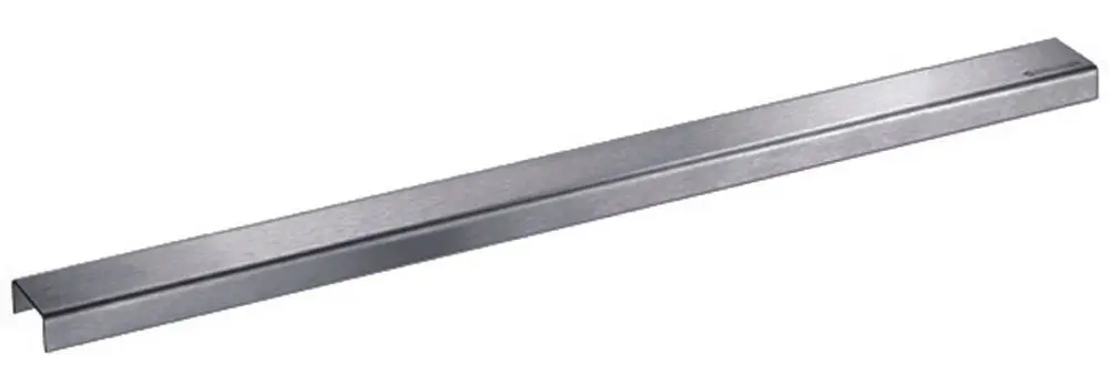 Lange, flache Metallabdeckung in linearer Form, typischerweise verwendet für Abläufe, hergestellt von Dallmer. Oberfläche mit mattem Finish.