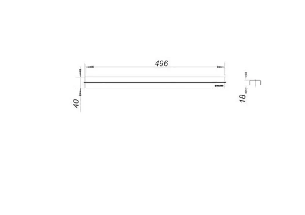 Dallmer Abdeckung mit einer Länge von 496 mm, einer Breite von 40 mm und einer Höhe von 18 mm, dargestellt in technischer Zeichnung.