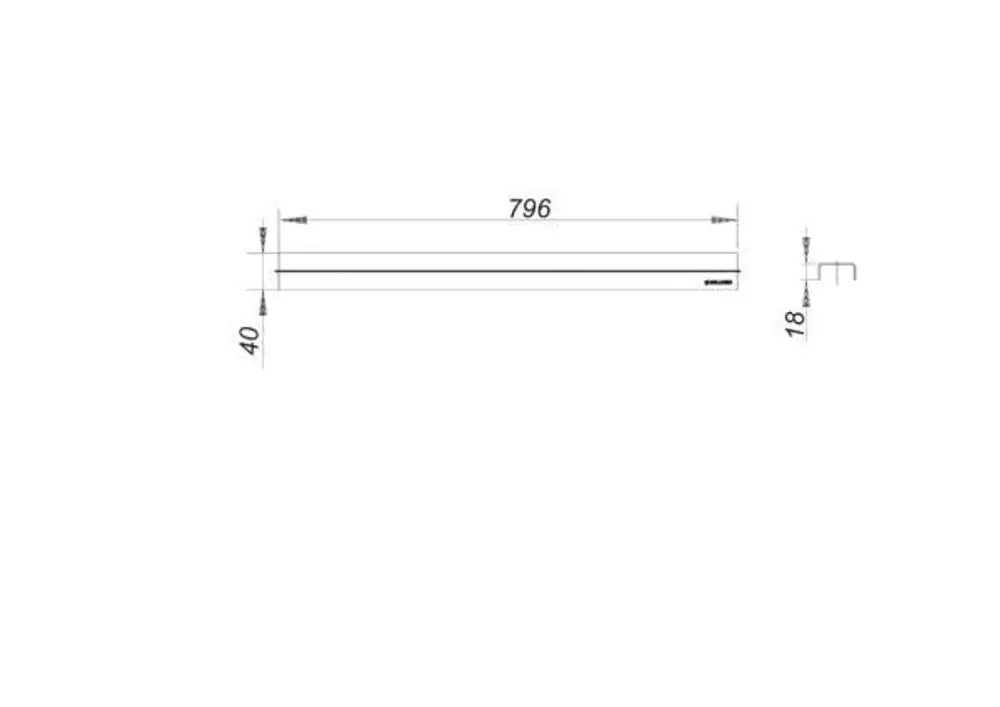 Dallmer Abdeckung in rechteckiger Form, gezeichnet mit einer Länge von 796 mm, einer Breite von 40 mm und einer Höhe von 18 mm. Einfaches, funktionales Design.