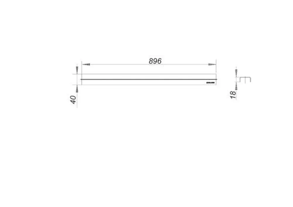 Dallmer Abdeckung in schmaler, rechteckiger Form. Sichtbare Maße: 896 mm Länge, 40 mm Breite und 18 mm Höhe. Entwurf zeigt technische Zeichnung ohne weitere Details.